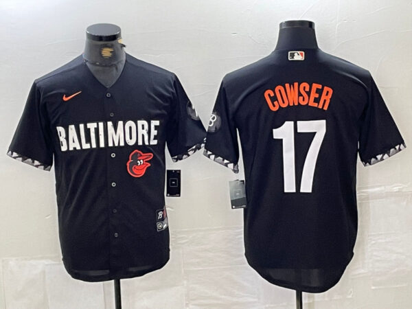 Men's Baltimore Orioles #17 Colton Cowser Black 2023 City Connect Cool Base Stitched Baseball Jersey