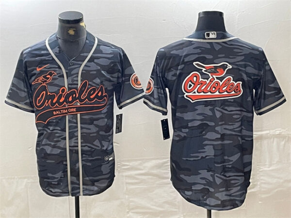 Men's Baltimore Orioles Gray Camo Team Big Logo Cool Base Stitched Jerseys
