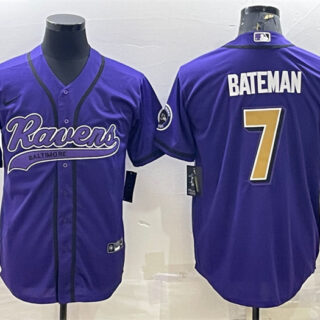 Men's Baltimore Ravens #7 Rashod Bateman Purple Gold With Patch Cool Base Stitched Baseball Jersey