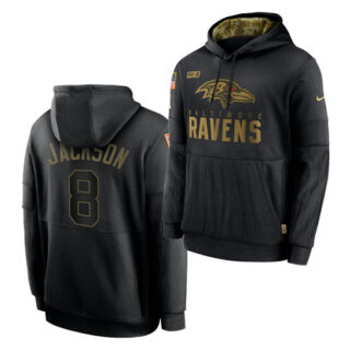 Men's Baltimore Ravens #8 Lamar Jackson 2020 Salute To Service Black Sideline Performance Pullover Hoodie