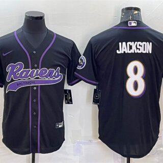 Men's Baltimore Ravens #8 Lamar Jackson Black With Patch Cool Base Stitched Baseball Jersey