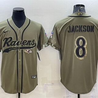 Men's Baltimore Ravens #8 Lamar Jackson Olive 2022 Salute To Service Cool Base Stitched Baseball Jersey