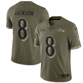 Men's Baltimore Ravens #8 Lamar Jackson Olive 2022 Salute To Service Limited Stitched Jersey