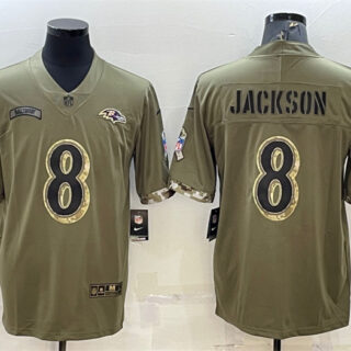 Men's Baltimore Ravens #8 Lamar Jackson Olive 2022 Salute To Service Limited Stitched Jersey
