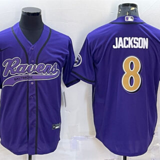 Men's Baltimore Ravens #8 Lamar Jackson Purple Gold With Patch Cool Base Stitched Baseball Jersey