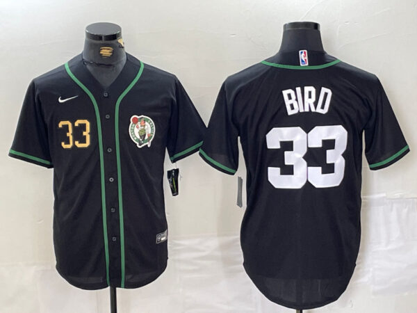 Men's Boston Celtics #33 Larry Bird Black With Patch Stitched Baseball Jerseys