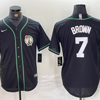 Men's Boston Celtics #7 Jaylen Brown Black With Patch Stitched Baseball Jersey