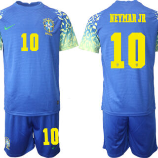 Men's Brazil #10 Neymar Jr Blue 2022 FIFA World Cup Away Soccer Jersey Suit