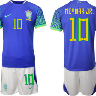 Men's Brazil #10 Neymar Jr Blue 2022 FIFA World Cup Away Soccer Jersey Suit 1