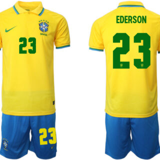Men's Brazil #23 Ederson Yellow Home Soccer Jersey Suit