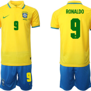 Men's Brazil #9 Ronaldo Yellow Home Soccer Jersey Suit