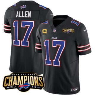Men's Buffalo Bills #17 Josh Allen Black 2023 F.U.S.E. AFC East Champions With 4-Star C Ptach Stitched Football Jersey