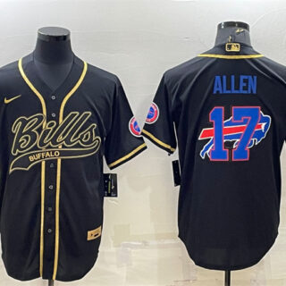 Men's Buffalo Bills #17 Josh Allen Black Gold Team Big Logo With Patch Cool Base Stitched Baseball Jersey