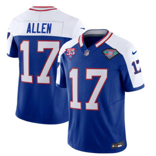 Men's Buffalo Bills #17 Josh Allen Blue White 35th And 75th Patch 2023 F.U.S.E. Throwback Vapor Untouchable Limited Stitched Jersey