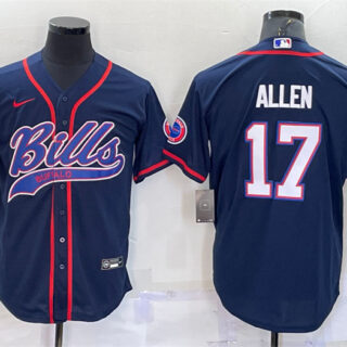 Men's Buffalo Bills #17 Josh Allen Navy With Patch Cool Base Stitched Baseball Jersey