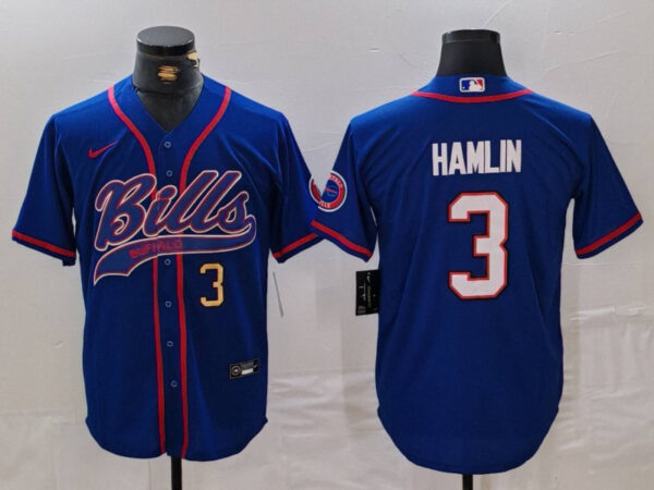 Men's Buffalo Bills #3 Damar Hamlin Blue With Patch Cool Base Stitched Baseball Jerseys