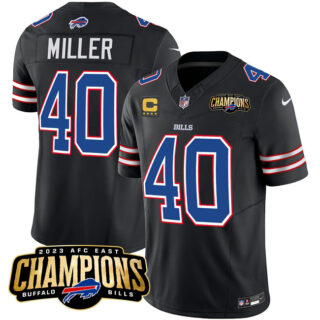 Men's Buffalo Bills #40 Von Miller Black 2023 F.U.S.E. AFC East Champions With 4-Star C Ptach Stitched Football Jersey