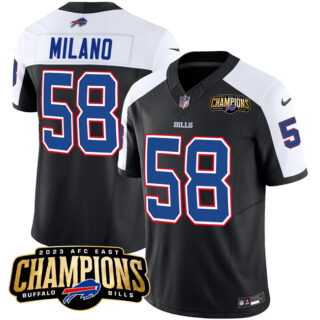 Men's Buffalo Bills #58 Matt Milano Black White 2023 F.U.S.E. AFC East Champions Ptach Stitched Football Jersey