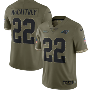 Men's Carolina Panthers #22 Christian McCaffrey Olive 2022 Salute To Service Limited Stitched Jersey