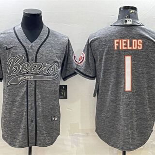 Men's Chicago Bears #1 Justin Fields Grey With Patch Cool Base Stitched Baseball Jersey