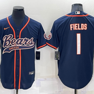 Men's Chicago Bears #1 Justin Fields Navy Cool Base Stitched Baseball Jersey