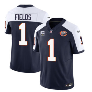 Men's Chicago Bears #1 Justin Fields Navy White 2023 F.U.S.E. With 1-Star C PatchThrowback Limited Stitched Football Jersey