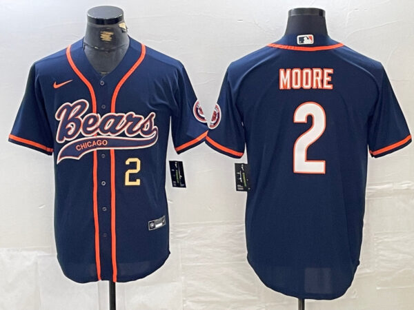 Men's Chicago Bears #2 DJ Moore Navy With Patch Cool Base Stitched Baseball Jersey