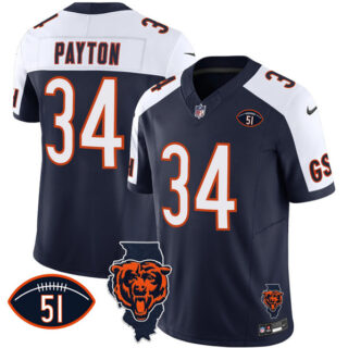 Men's Chicago Bears #34 Walter Payton Navy White F.U.S.E. With Illinois And No. 51 Patch Stitched Football Jersey