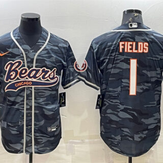 Men's Chicago Bears Blank #1 Justin Fields Grey Camo With Patch Cool Base Stitched Baseball Jersey 001