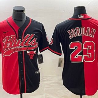 Men's Chicago Bulls #23 Michael Jordan Red Black Split Cool Base Stitched Baseball Jersey