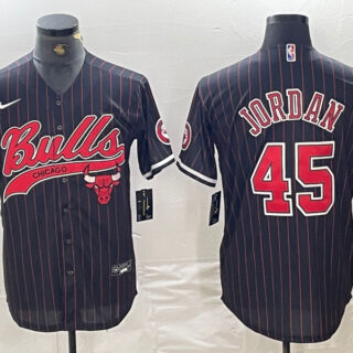 Men's Chicago Bulls #45 Michael Jordan Black Pinstripe Cool Base Stitched Baseball Jersey 3