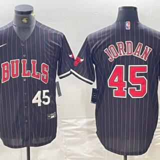 Men's Chicago Bulls #45 Michael Jordan Number Black Pinstripe Cool Base Stitched Baseball Jersey