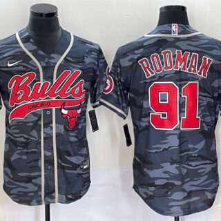 Men's Chicago Bulls #91 Dennis Rodman Gray Camo Cool Base Stitched Baseball Jersey