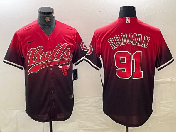 Men's Chicago Bulls #91 Dennis Rodman Red Black With Patch Cool Base Stitched Baseball Jerseys
