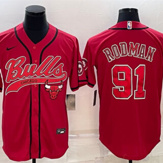 Men's Chicago Bulls #91 Dennis Rodman Red With Patch Cool Base Stitched Baseball Jersey