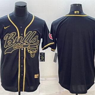 Men's Chicago Bulls Blank Black Gold Cool Base Stitched Baseball Jersey