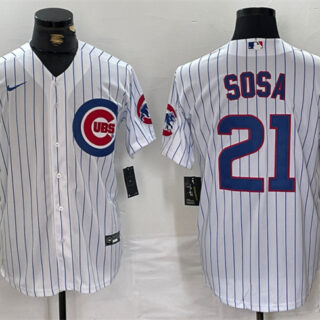 Men's Chicago Cubs #21 Sammy Sosa White With Patch Cool Base Stitched Baseball Jersey