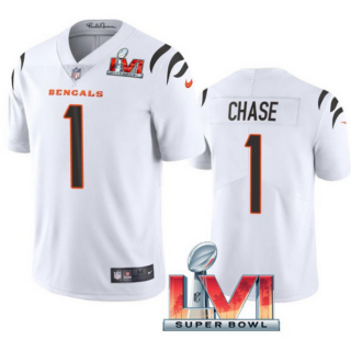 Men's Cincinnati Bengals #1 Ja'Marr Chase 2022 White Super Bowl LVI Vapor Limited Stitched Jersey