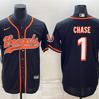 Men's Cincinnati Bengals #1 Ja'Marr Chase Black With Patch Cool Base Stitched Baseball Jersey