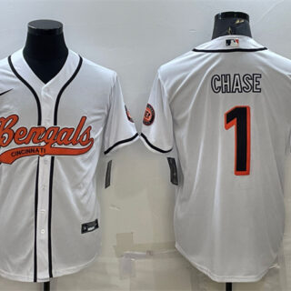 Men's Cincinnati Bengals #1 Ja'Marr Chase White With Patch Cool Base Stitched Baseball Jersey