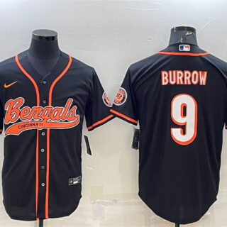 Men's Cincinnati Bengals #9 Joe Burrow Black With Patch Cool Base Stitched Baseball Jersey