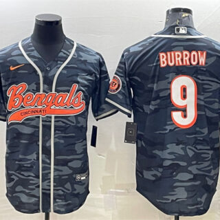 Men's Cincinnati Bengals #9 Joe Burrow Grey Camo With Patch Cool Base Stitched Baseball Jersey