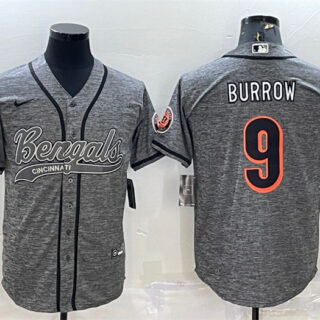 Men's Cincinnati Bengals #9 Joe Burrow Grey With Patch Cool Base Stitched Baseball Jersey