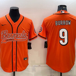 Men's Cincinnati Bengals #9 Joe Burrow Orange With Patch Cool Base Stitched Baseball Jersey