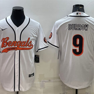 Men's Cincinnati Bengals #9 Joe Burrow White With Patch Cool Base Stitched Baseball Jersey