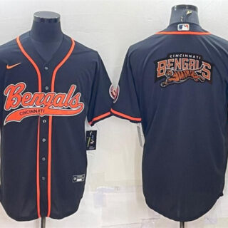 Men's Cincinnati Bengals Black Team Big Logo With Patch Cool Base Stitched Baseball Jersey