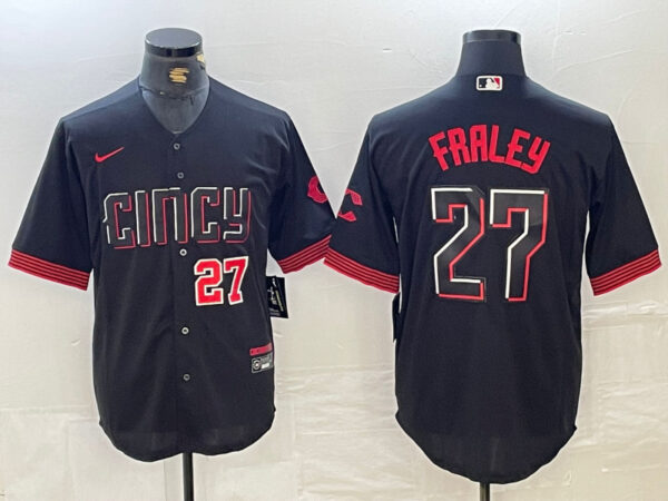 Men's Cincinnati Reds #27 Jake Fraley Black 2023 City Connect Cool Base Stitched Baseball Jersey