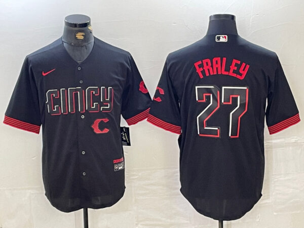 Men's Cincinnati Reds #27 Jake Fraley Black 2023 City Connect Cool Base Stitched Baseball Jersey