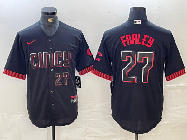 Men's Cincinnati Reds #27 Jake Fraley Black 2023 City Connect Cool Base Stitched Baseball Jersey