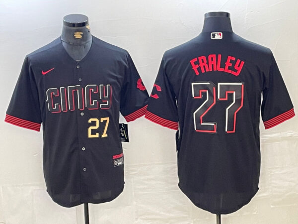 Men's Cincinnati Reds #27 Jake Fraley Black 2023 City Connect Cool Base Stitched Baseball Jersey